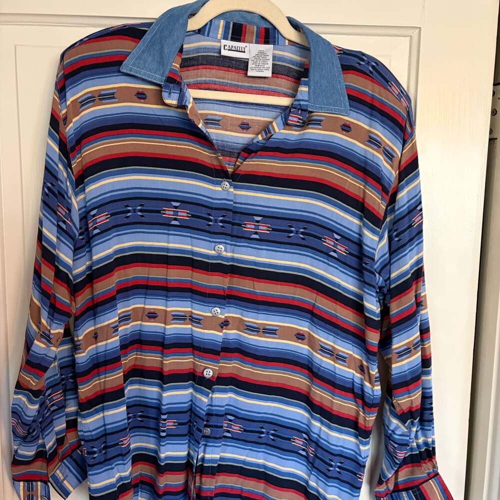 Vintage Capacity Southwestern Aztec Print Shirt with Denim Collar Size Large